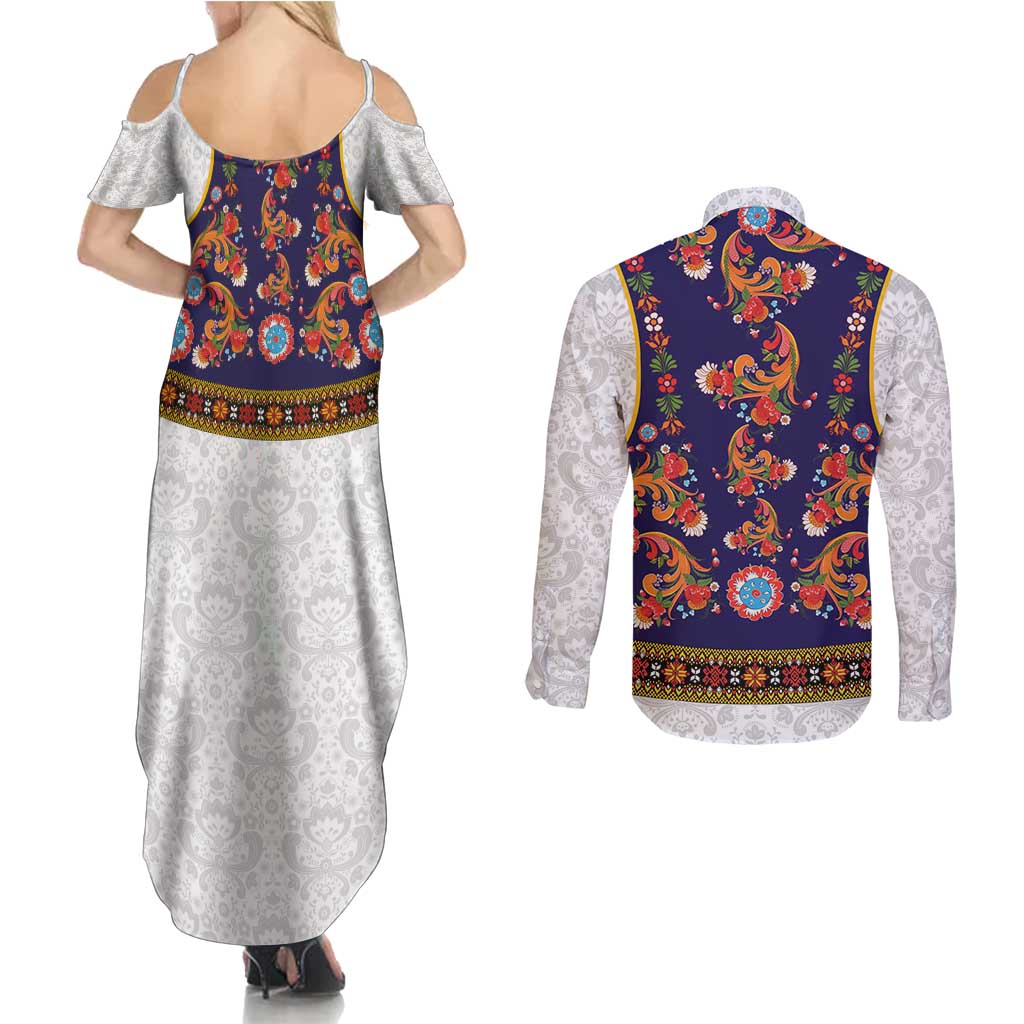 Norwegian Female Bunad Couples Matching Summer Maxi Dress and Long Sleeve Button Shirt with Rosemaling Folk Art Navy Color - Wonder Print Shop