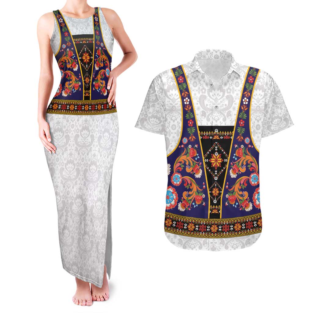Norwegian Female Bunad Couples Matching Tank Maxi Dress and Hawaiian Shirt with Rosemaling Folk Art Navy Color - Wonder Print Shop