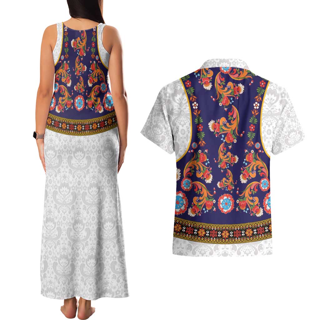 Norwegian Female Bunad Couples Matching Tank Maxi Dress and Hawaiian Shirt with Rosemaling Folk Art Navy Color - Wonder Print Shop