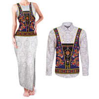 Norwegian Female Bunad Couples Matching Tank Maxi Dress and Long Sleeve Button Shirt with Rosemaling Folk Art Navy Color - Wonder Print Shop