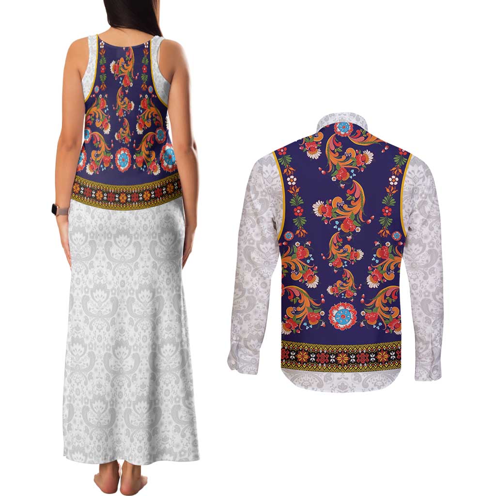Norwegian Female Bunad Couples Matching Tank Maxi Dress and Long Sleeve Button Shirt with Rosemaling Folk Art Navy Color - Wonder Print Shop