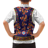 Norwegian Female Bunad Family Matching Long Sleeve Bodycon Dress and Hawaiian Shirt with Rosemaling Folk Art Navy Color - Wonder Print Shop