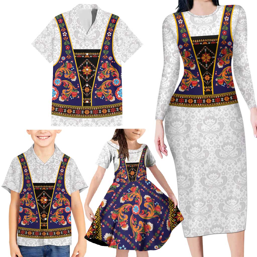 Norwegian Female Bunad Family Matching Long Sleeve Bodycon Dress and Hawaiian Shirt with Rosemaling Folk Art Navy Color - Wonder Print Shop