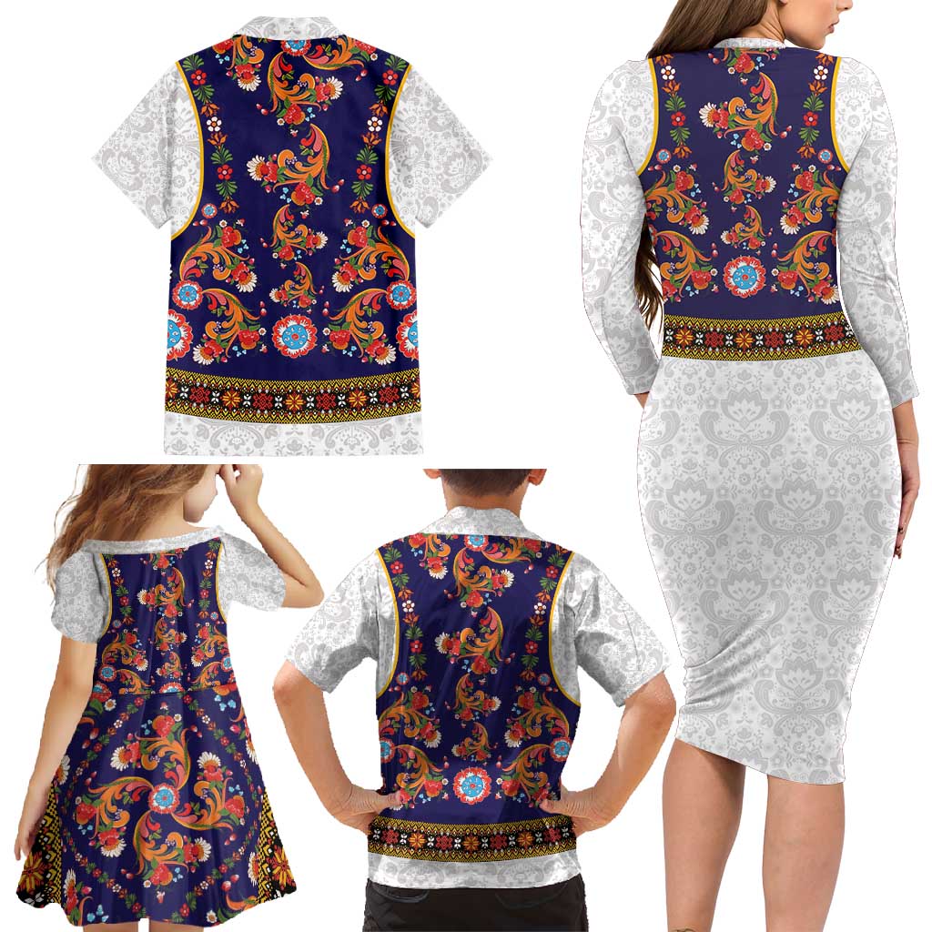 Norwegian Female Bunad Family Matching Long Sleeve Bodycon Dress and Hawaiian Shirt with Rosemaling Folk Art Navy Color - Wonder Print Shop