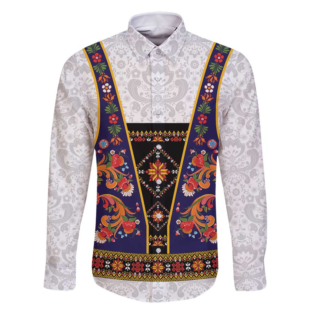 Norwegian Female Bunad Family Matching Long Sleeve Bodycon Dress and Hawaiian Shirt with Rosemaling Folk Art Navy Color - Wonder Print Shop