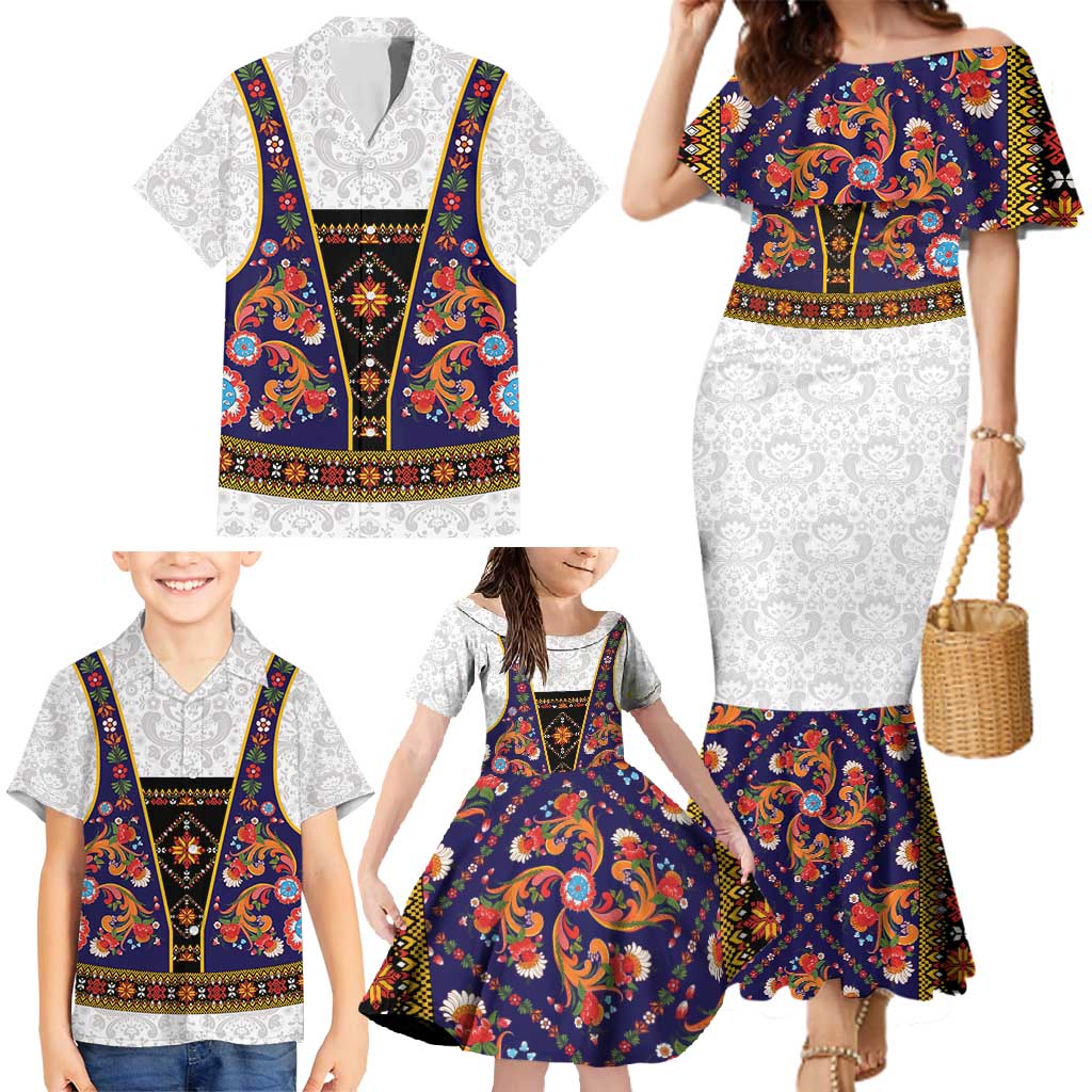 Norwegian Female Bunad Family Matching Mermaid Dress and Hawaiian Shirt with Rosemaling Folk Art Navy Color - Wonder Print Shop