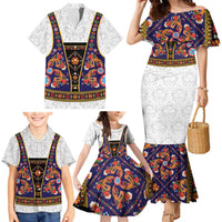 Norwegian Female Bunad Family Matching Mermaid Dress and Hawaiian Shirt with Rosemaling Folk Art Navy Color - Wonder Print Shop