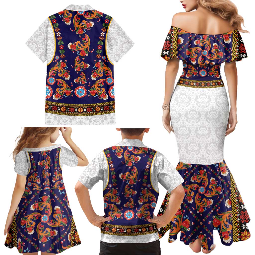 Norwegian Female Bunad Family Matching Mermaid Dress and Hawaiian Shirt with Rosemaling Folk Art Navy Color - Wonder Print Shop