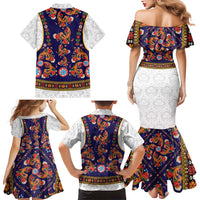 Norwegian Female Bunad Family Matching Mermaid Dress and Hawaiian Shirt with Rosemaling Folk Art Navy Color - Wonder Print Shop