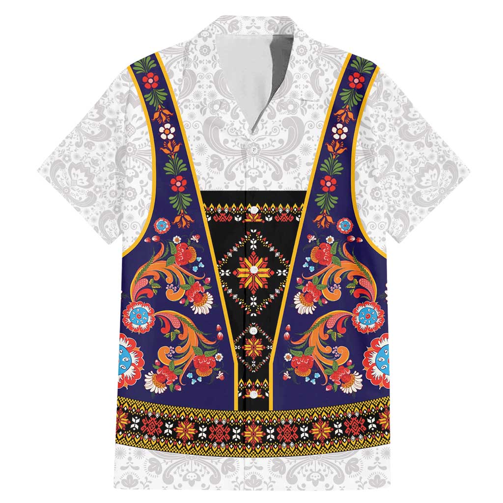 Norwegian Female Bunad Family Matching Mermaid Dress and Hawaiian Shirt with Rosemaling Folk Art Navy Color - Wonder Print Shop