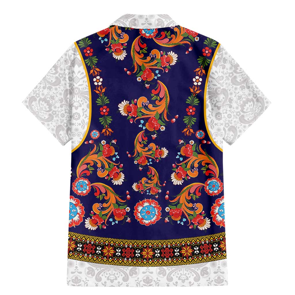 Norwegian Female Bunad Family Matching Mermaid Dress and Hawaiian Shirt with Rosemaling Folk Art Navy Color - Wonder Print Shop