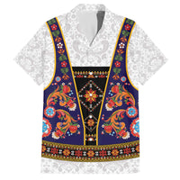 Norwegian Female Bunad Family Matching Off The Shoulder Long Sleeve Dress and Hawaiian Shirt with Rosemaling Folk Art Navy Color - Wonder Print Shop