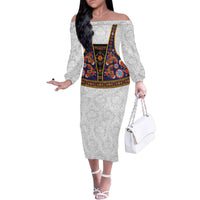 Norwegian Female Bunad Family Matching Off The Shoulder Long Sleeve Dress and Hawaiian Shirt with Rosemaling Folk Art Navy Color - Wonder Print Shop