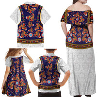 Norwegian Female Bunad Family Matching Off Shoulder Maxi Dress and Hawaiian Shirt with Rosemaling Folk Art Navy Color - Wonder Print Shop