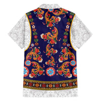 Norwegian Female Bunad Family Matching Off Shoulder Maxi Dress and Hawaiian Shirt with Rosemaling Folk Art Navy Color - Wonder Print Shop