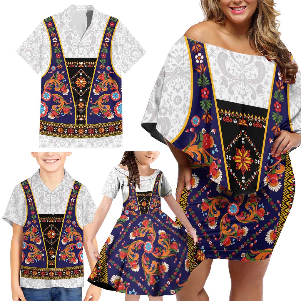 Norwegian Female Bunad Family Matching Off Shoulder Short Dress and Hawaiian Shirt with Rosemaling Folk Art Navy Color - Wonder Print Shop