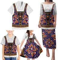 Norwegian Female Bunad Family Matching Puletasi and Hawaiian Shirt with Rosemaling Folk Art Navy Color - Wonder Print Shop