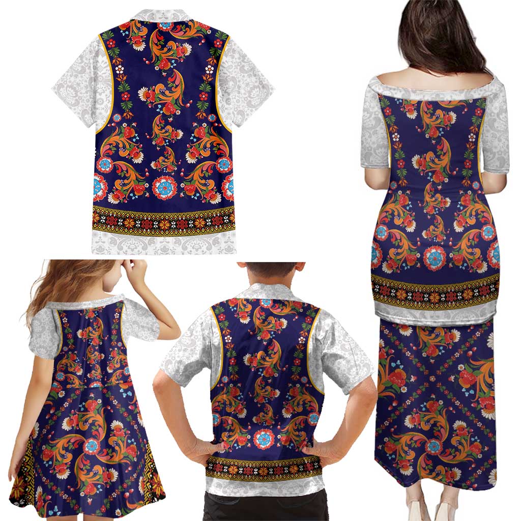 Norwegian Female Bunad Family Matching Puletasi and Hawaiian Shirt with Rosemaling Folk Art Navy Color - Wonder Print Shop