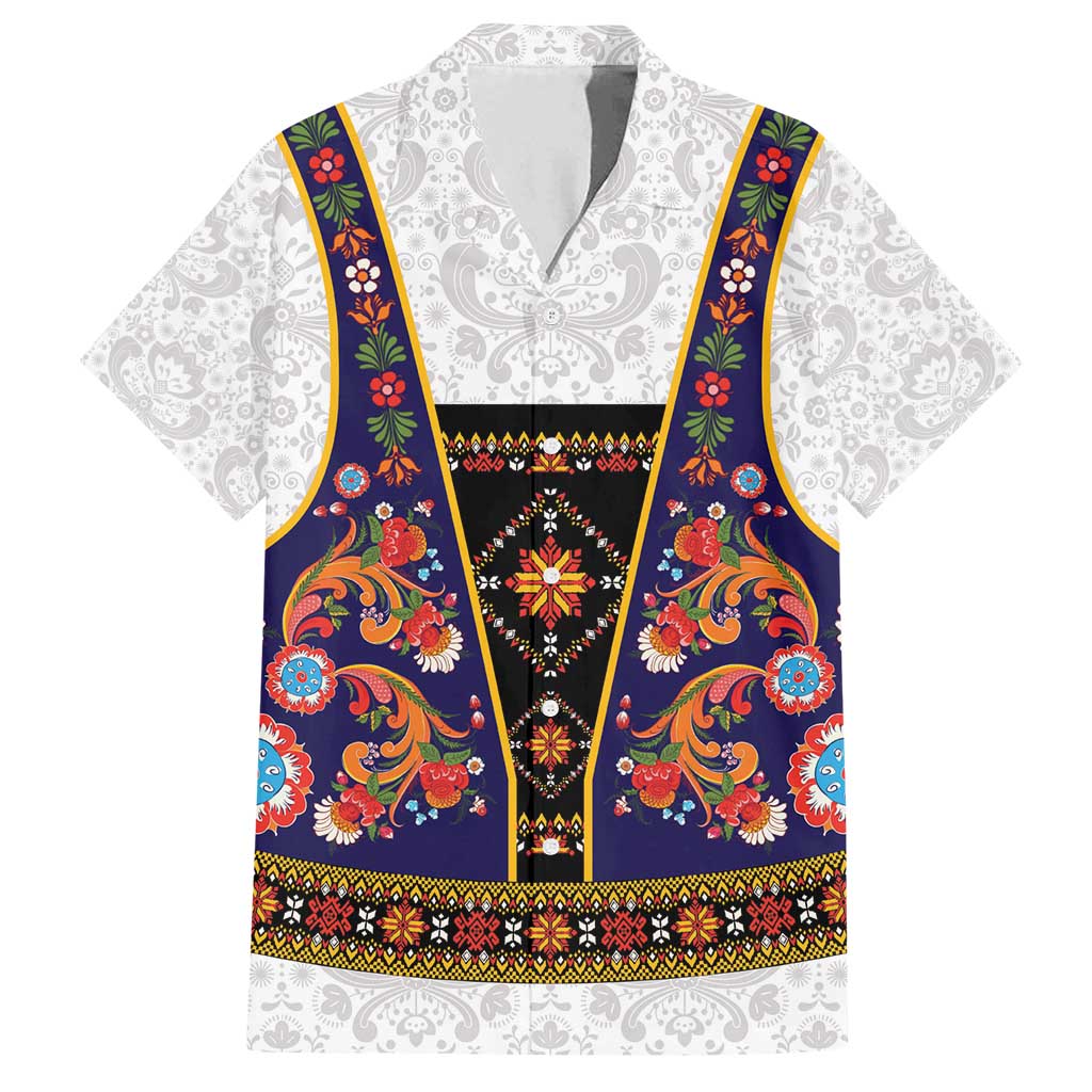 Norwegian Female Bunad Family Matching Puletasi and Hawaiian Shirt with Rosemaling Folk Art Navy Color - Wonder Print Shop