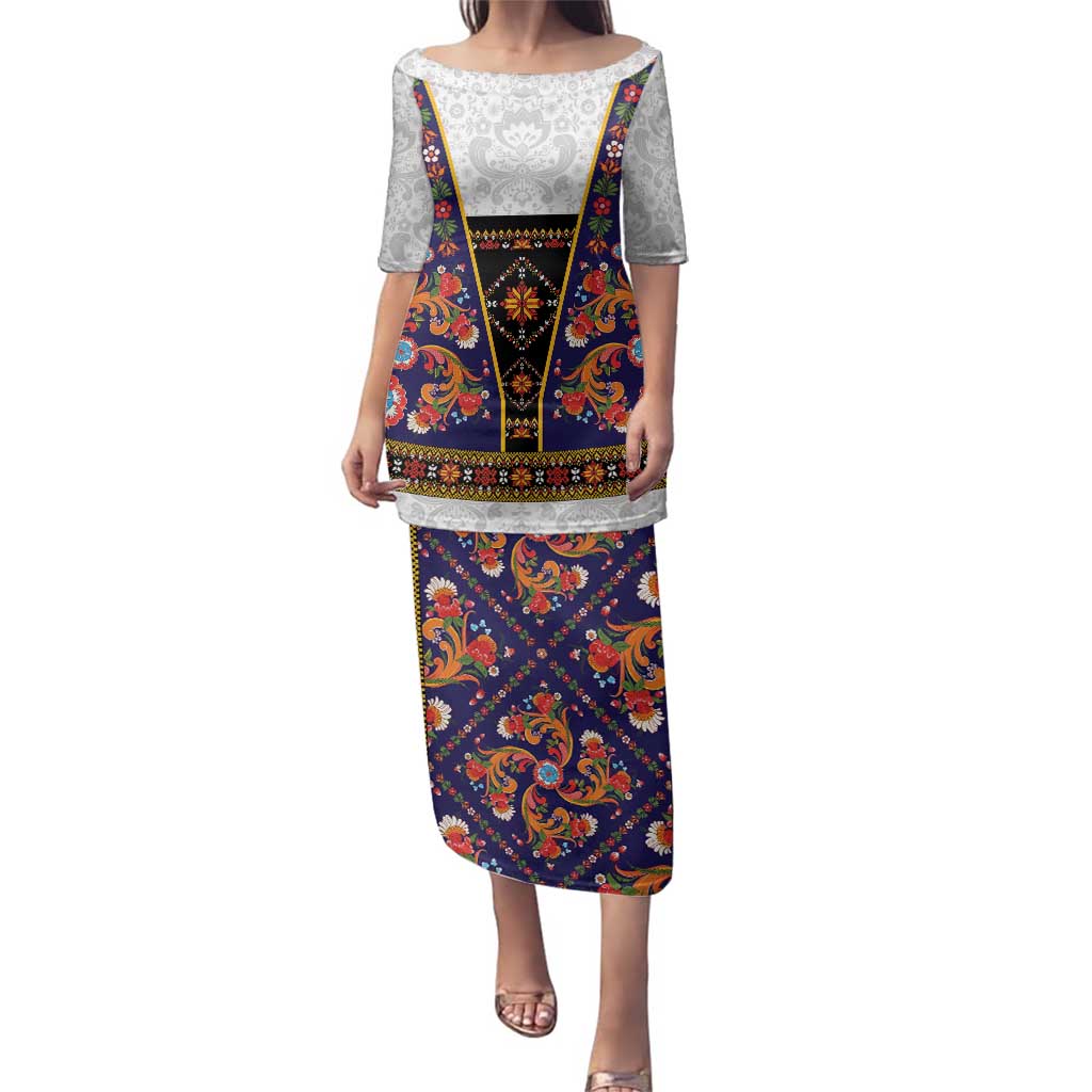 Norwegian Female Bunad Family Matching Puletasi and Hawaiian Shirt with Rosemaling Folk Art Navy Color - Wonder Print Shop