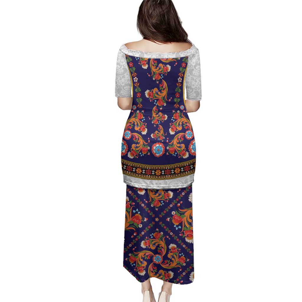 Norwegian Female Bunad Family Matching Puletasi and Hawaiian Shirt with Rosemaling Folk Art Navy Color - Wonder Print Shop