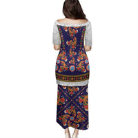 Norwegian Female Bunad Family Matching Puletasi and Hawaiian Shirt with Rosemaling Folk Art Navy Color - Wonder Print Shop