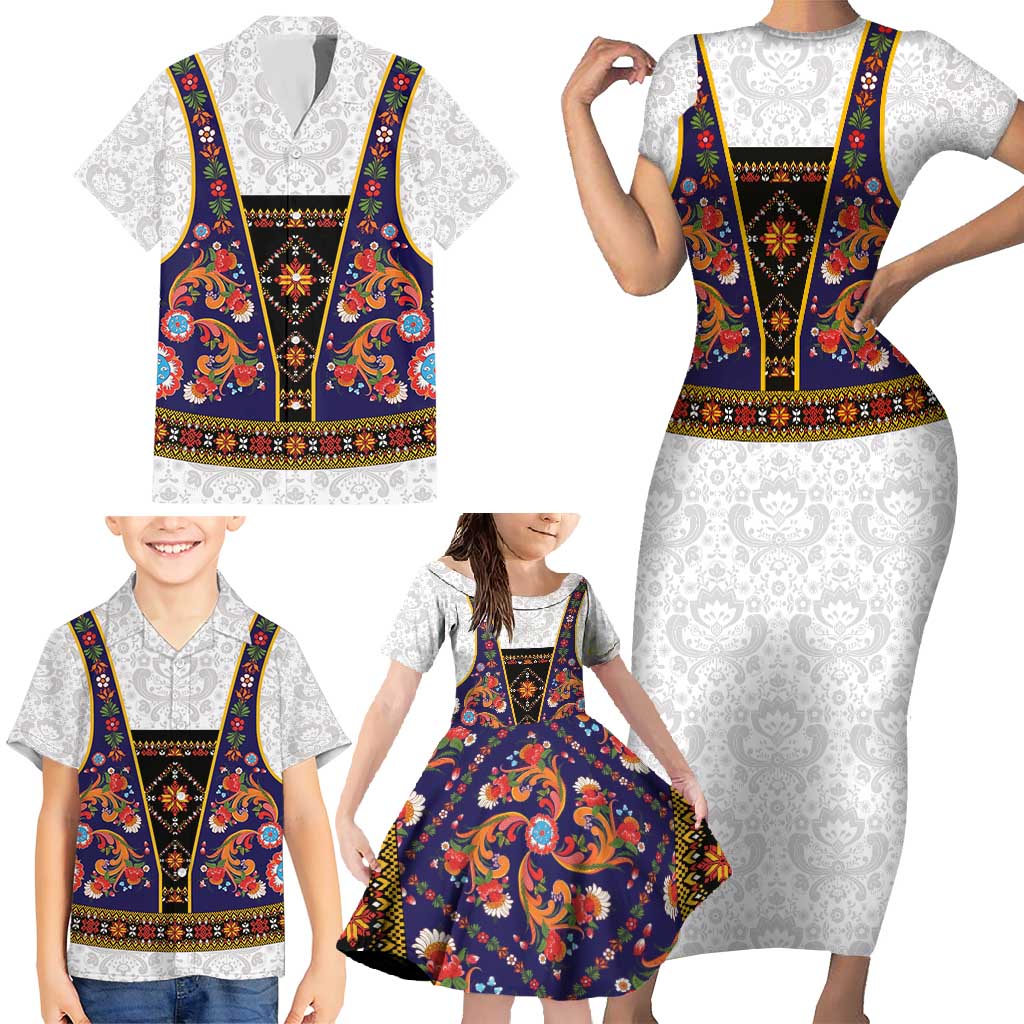 Norwegian Female Bunad Family Matching Short Sleeve Bodycon Dress and Hawaiian Shirt with Rosemaling Folk Art Navy Color - Wonder Print Shop