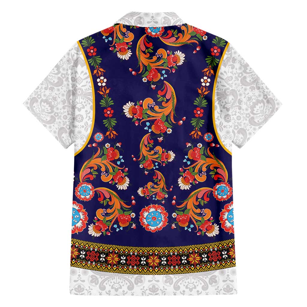 Norwegian Female Bunad Family Matching Short Sleeve Bodycon Dress and Hawaiian Shirt with Rosemaling Folk Art Navy Color - Wonder Print Shop