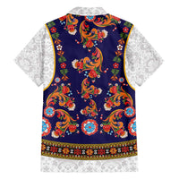 Norwegian Female Bunad Family Matching Short Sleeve Bodycon Dress and Hawaiian Shirt with Rosemaling Folk Art Navy Color - Wonder Print Shop