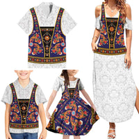 Norwegian Female Bunad Family Matching Summer Maxi Dress and Hawaiian Shirt with Rosemaling Folk Art Navy Color - Wonder Print Shop