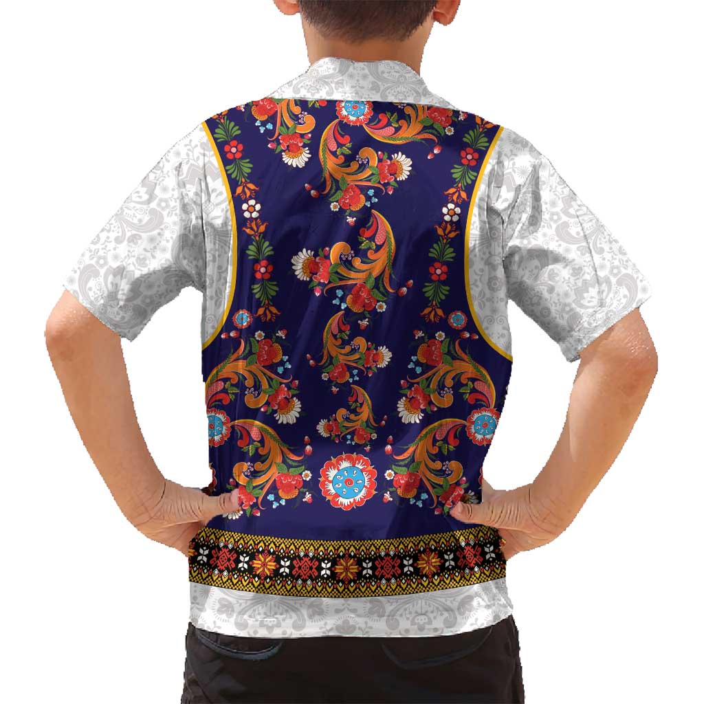 Norwegian Female Bunad Family Matching Tank Maxi Dress and Hawaiian Shirt with Rosemaling Folk Art Navy Color - Wonder Print Shop