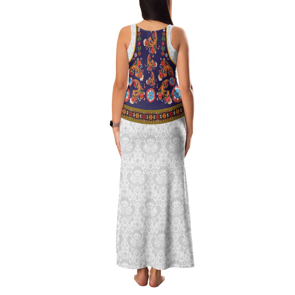 Norwegian Female Bunad Family Matching Tank Maxi Dress and Hawaiian Shirt with Rosemaling Folk Art Navy Color - Wonder Print Shop