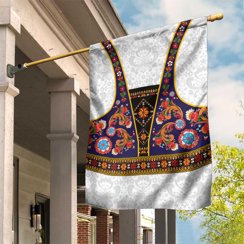 Norwegian Female Bunad Garden Flag with Rosemaling Folk Art Navy Color - Wonder Print Shop