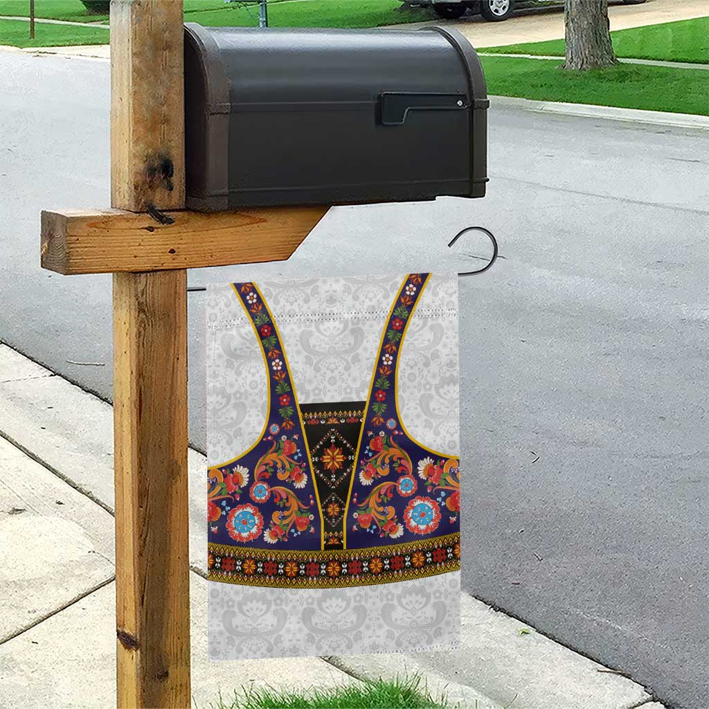 Norwegian Female Bunad Garden Flag with Rosemaling Folk Art Navy Color - Wonder Print Shop