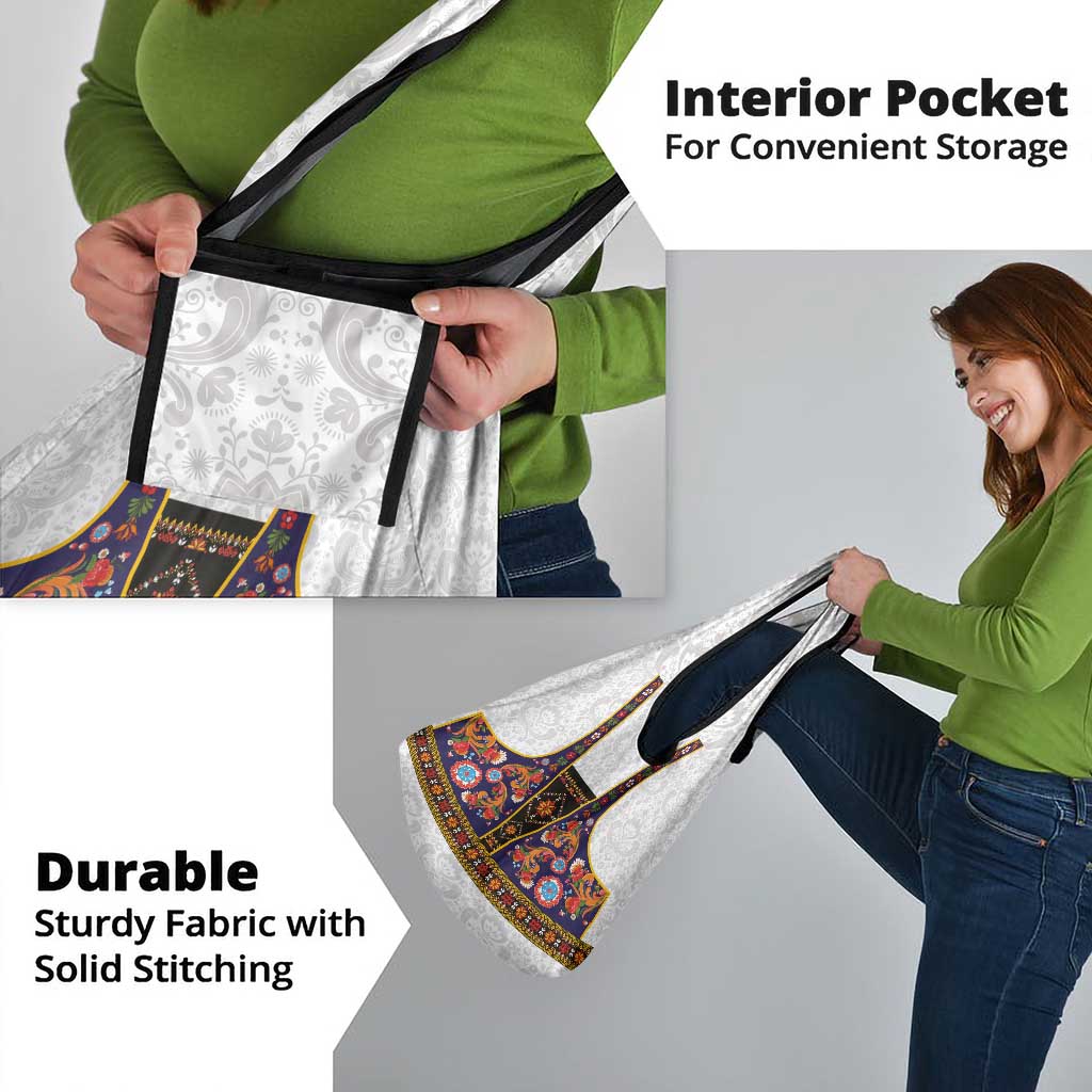 Norwegian Female Bunad Grocery Bag with Rosemaling Folk Art Navy Color - Wonder Print Shop