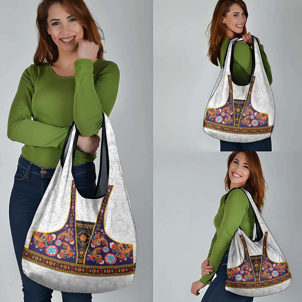 Norwegian Female Bunad Grocery Bag with Rosemaling Folk Art Navy Color - Wonder Print Shop