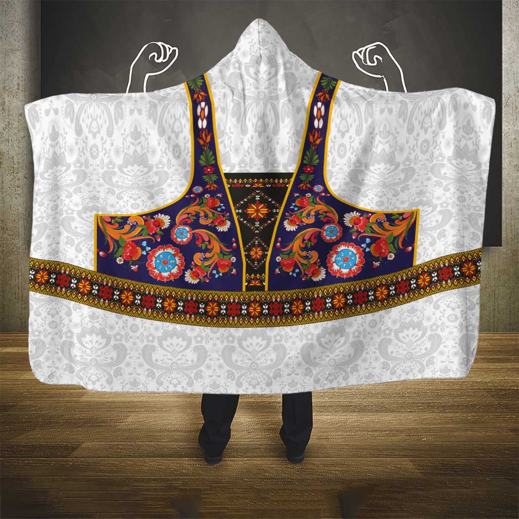 Norwegian Female Bunad Hooded Blanket with Rosemaling Folk Art Navy Color - Wonder Print Shop