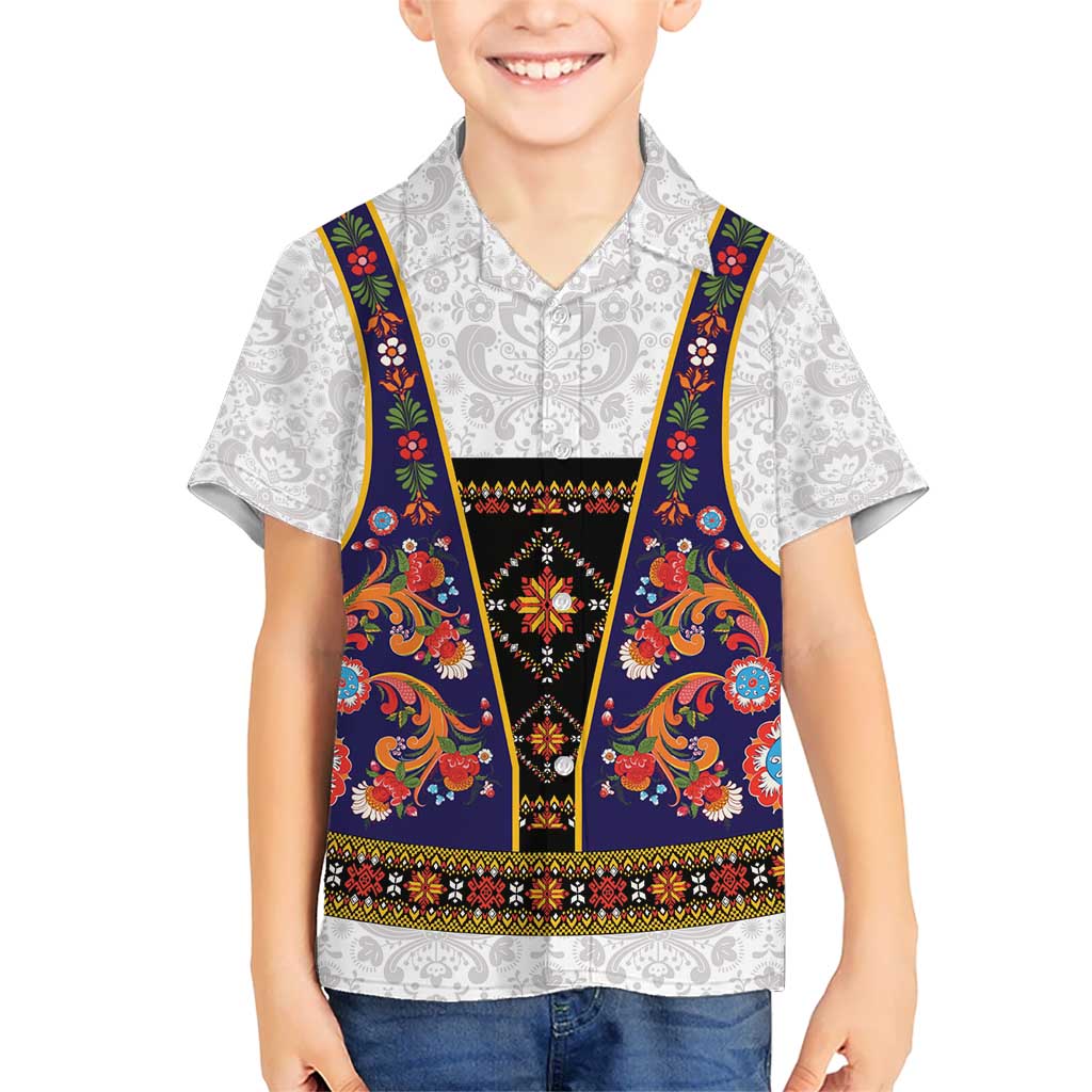 Norwegian Female Bunad Kid Hawaiian Shirt with Rosemaling Folk Art Navy Color - Wonder Print Shop