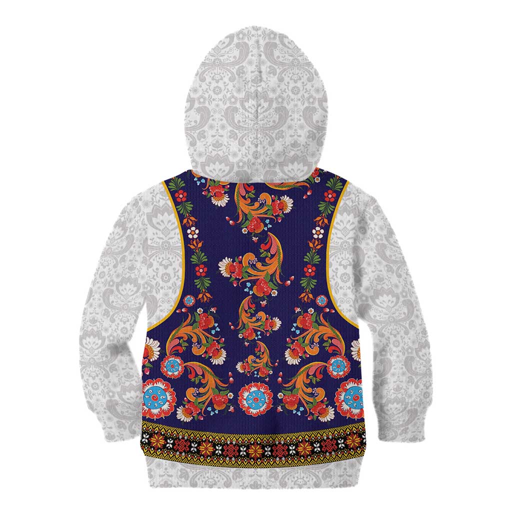 Norwegian Female Bunad Kid Hoodie with Rosemaling Folk Art Navy Color - Wonder Print Shop