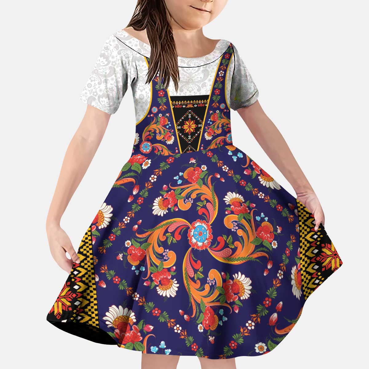Norwegian Female Bunad Kid Short Sleeve Dress with Rosemaling Folk Art Navy Color - Wonder Print Shop