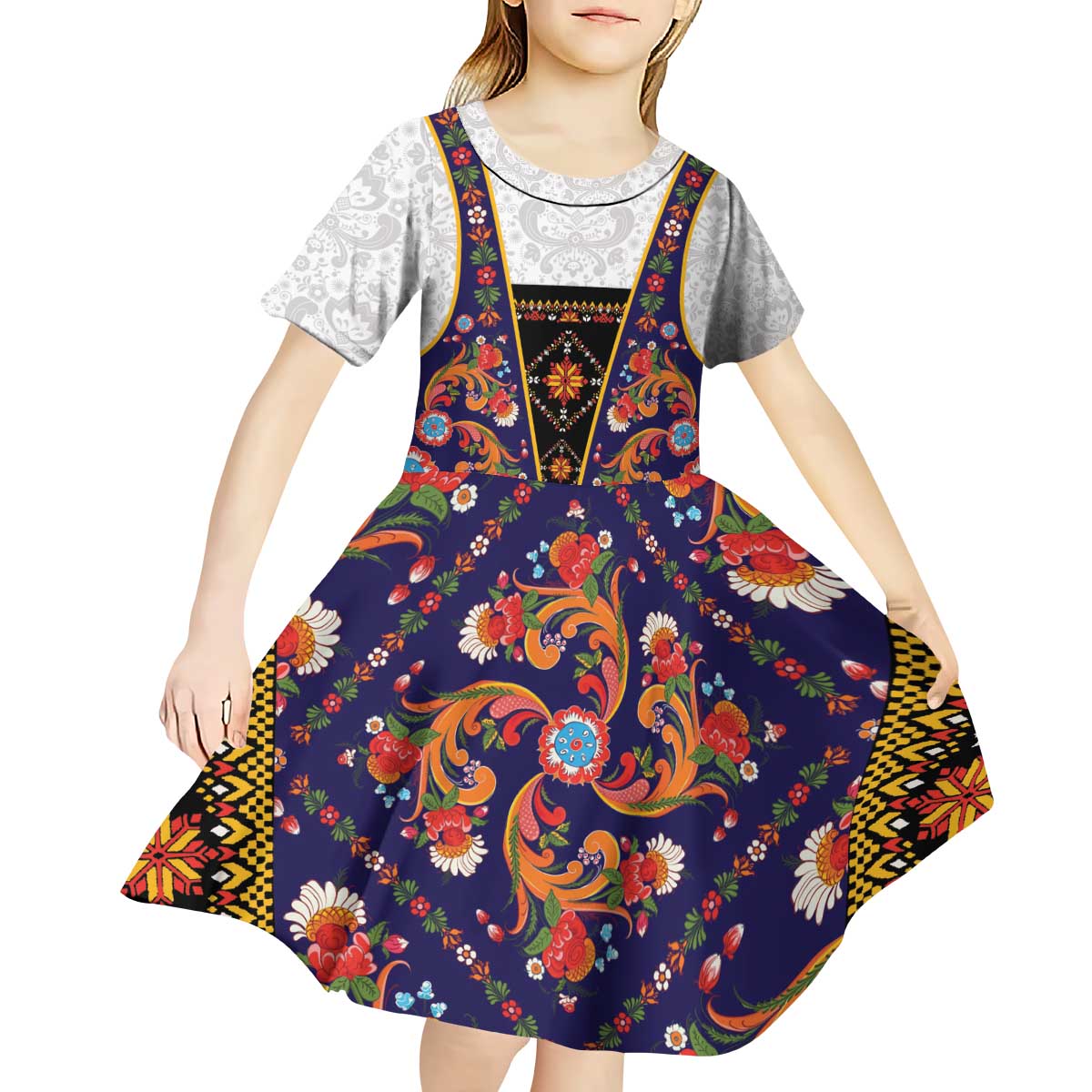 Norwegian Female Bunad Kid Short Sleeve Dress with Rosemaling Folk Art Navy Color - Wonder Print Shop