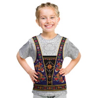 Norwegian Female Bunad Kid T Shirt with Rosemaling Folk Art Navy Color - Wonder Print Shop