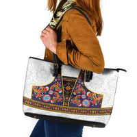 Norwegian Female Bunad Leather Tote Bag with Rosemaling Folk Art Navy Color - Wonder Print Shop