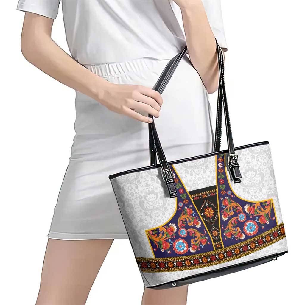 Norwegian Female Bunad Leather Tote Bag with Rosemaling Folk Art Navy Color - Wonder Print Shop