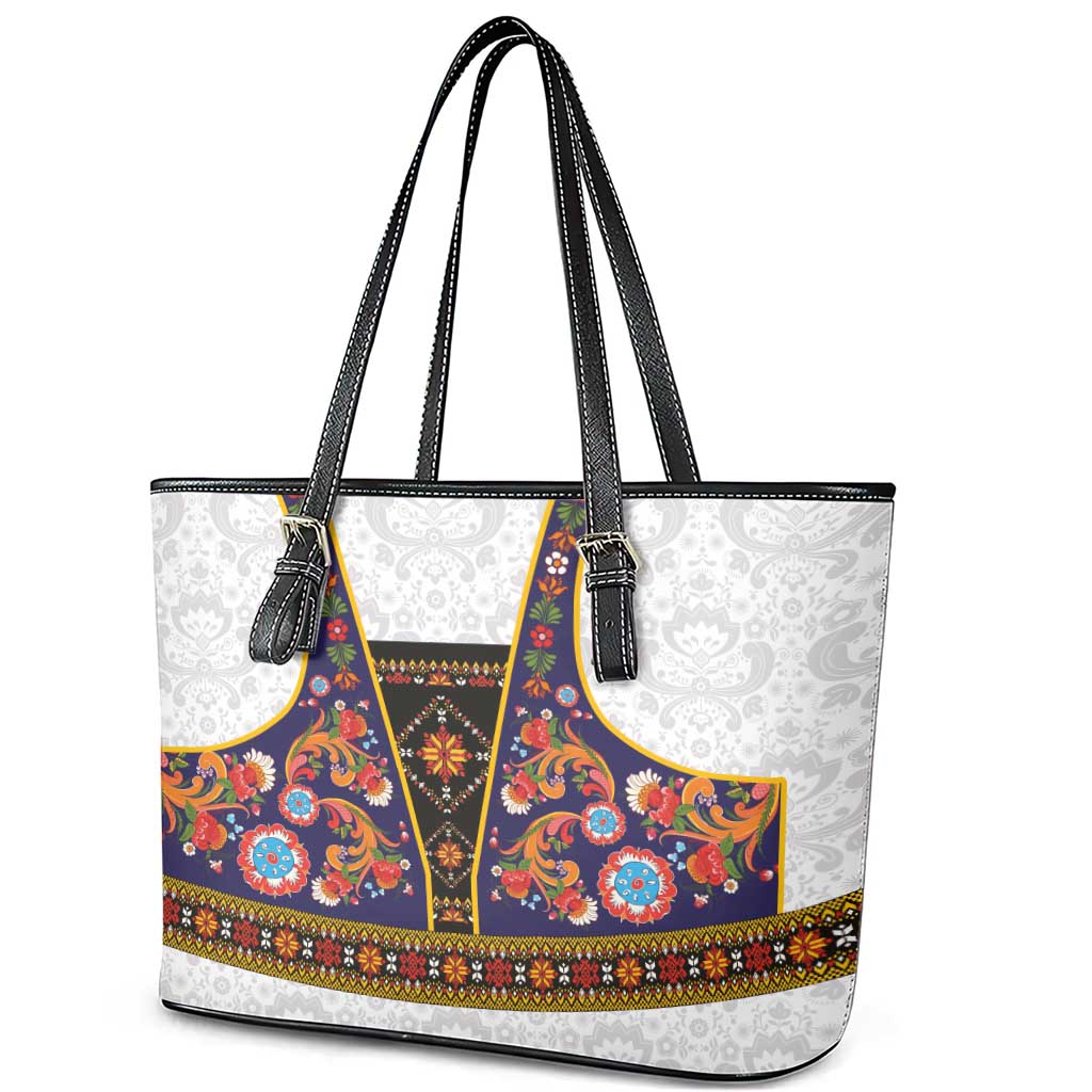 Norwegian Female Bunad Leather Tote Bag with Rosemaling Folk Art Navy Color - Wonder Print Shop