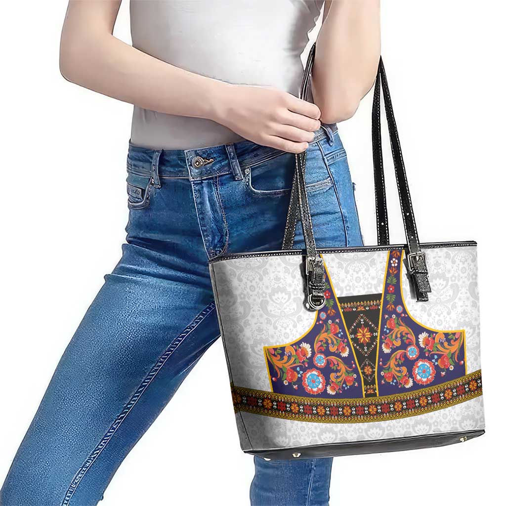 Norwegian Female Bunad Leather Tote Bag with Rosemaling Folk Art Navy Color - Wonder Print Shop