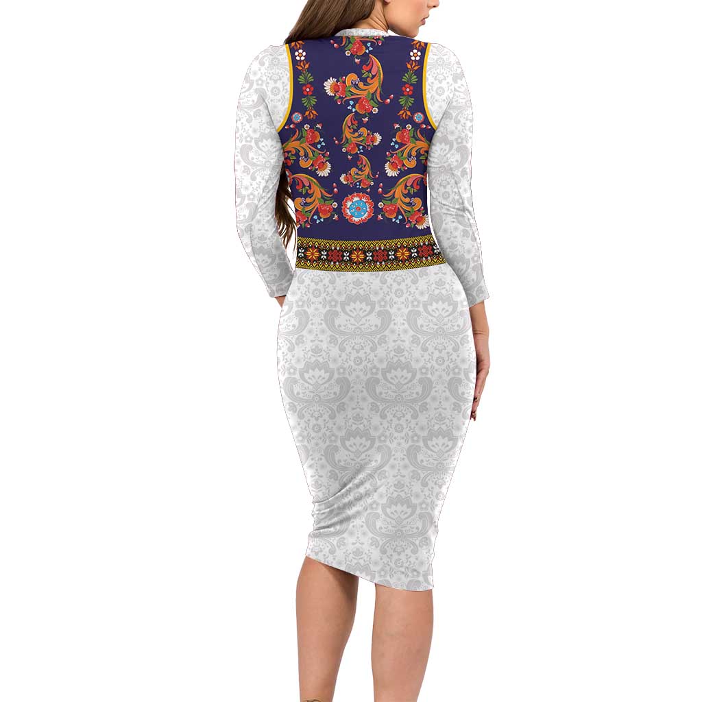 Norwegian Female Bunad Long Sleeve Bodycon Dress with Rosemaling Folk Art Navy Color - Wonder Print Shop
