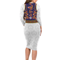 Norwegian Female Bunad Long Sleeve Bodycon Dress with Rosemaling Folk Art Navy Color - Wonder Print Shop