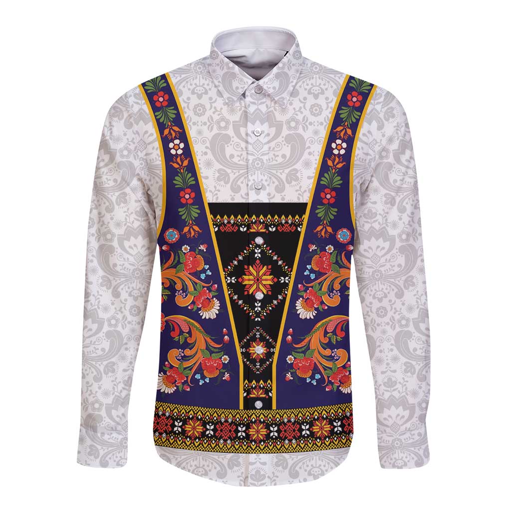Norwegian Female Bunad Long Sleeve Button Shirt with Rosemaling Folk Art Navy Color - Wonder Print Shop