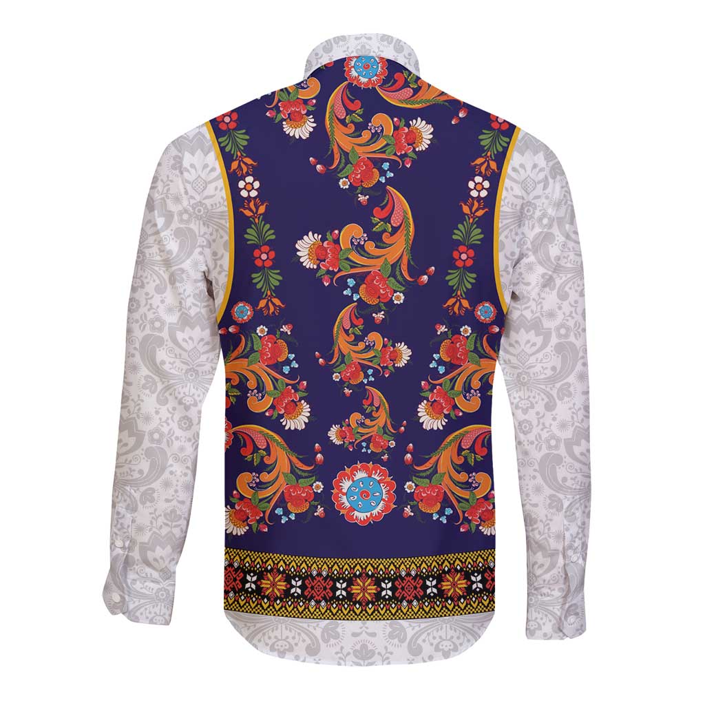 Norwegian Female Bunad Long Sleeve Button Shirt with Rosemaling Folk Art Navy Color - Wonder Print Shop